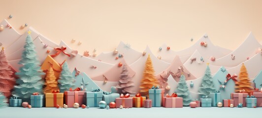 Christmas trees with gift boxes in pastel colors 3d illustration minimalism. Christmas banners texture. Horizontal format for banners, posters, advertising, gift cards. AI generated.