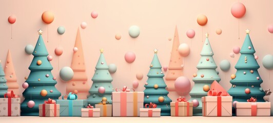 Christmas trees with gifts and toys in pastel colors illustration minimalism. Christmas holidays. Horizontal format for banners, posters, advertising, gift cards. AI generated.
