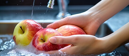 A woman s hands are cleaning an apple and an orange by placing them under the kitchen sink faucet immersing the fruits in soapy water to thoroughly cleanse them after purchasing