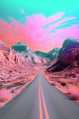 road in the mountains, psychedelic style, generative ai