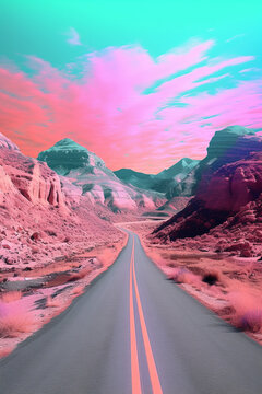 road in the mountains, psychedelic style, generative ai