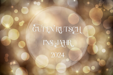 Text Guten Rutsch 2024, Means Happy 2024, Golden Christmas Background - obrazy, fototapety, plakaty