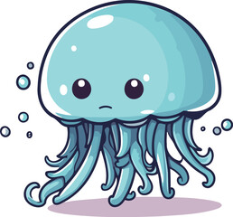 Illustration of a cute cartoon blue jellyfish on a white background