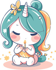 Cute little unicorn girl with candle in her hands. Vector illustration.