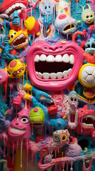 Fototapeta premium Toy Plastic Creepy Monster Face with Big Teeth Scary Pink