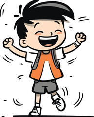 Cheerful schoolboy running and smiling. Vector clipart.
