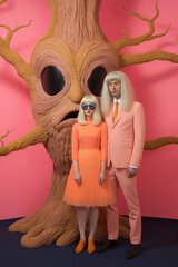 Man and Woman Couple in Weird Surreal Costumes Pink Tree Trunk