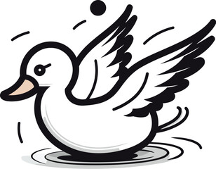 Vector illustration of a flying duck in the water on a white background