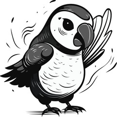 Black and white vector illustration of a parrot on a white background
