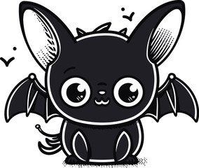 Cute cartoon bat. Black and white vector illustration isolated on white background.