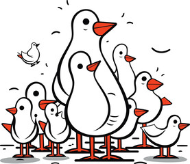 Duckling family. Vector illustration of a flock of birds.