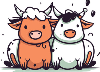 Cute cartoon cow and bull. Vector illustration isolated on white background.