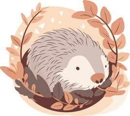 Cute hedgehog in a wreath of leaves. Vector illustration.