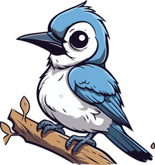 Cartoon blue bird on a branch. Vector illustration isolated on white background.