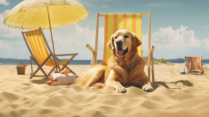 Dog on sandy beach. Golden Retweaver. Labrador on summer vacation. Chaise lounge with yellow and white stripes. Umbrella. Vacation on ocean. Sea shore. Pet care concept. Domestic animal. Generative AI