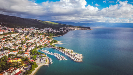 Crikvenica, small coastal town, drone, Croatia