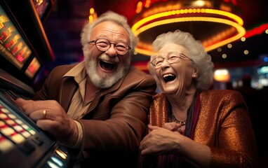 Fototapeta premium Happy senior couple winning jackpot in casino