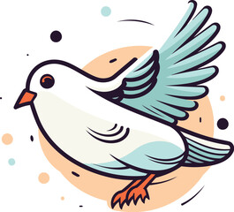 Vector illustration of white dove flying on colorful background. Cute doodle bird.