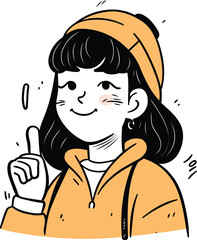 Young woman in yellow hoodie and orange cap pointing up. Vector illustration
