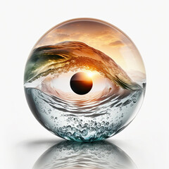 Transparent sphere with an eye formed by an ocean wave inside it, isolated on white background