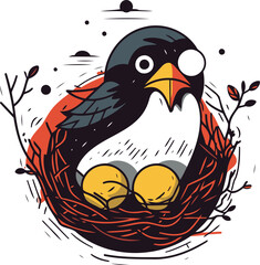 Cute bird sitting in a nest with eggs. Vector illustration.