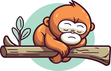 Fototapeta premium Cute cartoon monkey sitting on a tree branch. Vector illustration.