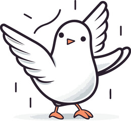 Cute white dove flying. Cartoon doodle vector illustration.