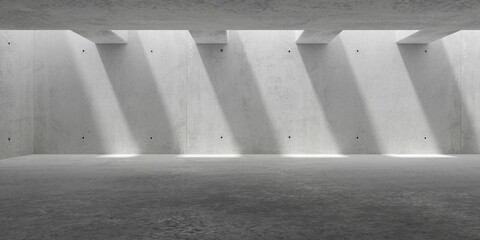 Abstract empty, modern concrete room with ceiling beams, sunlight shadow and rough floor - industrial interior background template