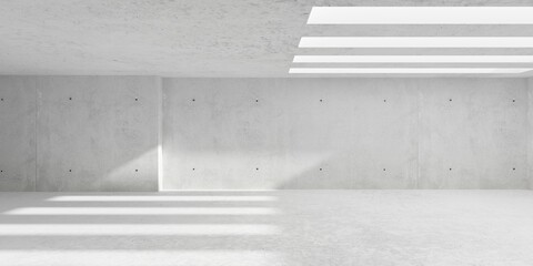 Abstract empty, modern concrete room with sunlight from horizontal ceiling openings, recess wall and rough floor - industrial interior background template - obrazy, fototapety, plakaty