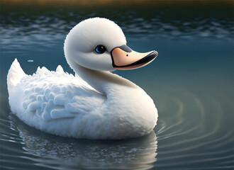 A cute and adorable white fluffy 3D swan character is on the lake