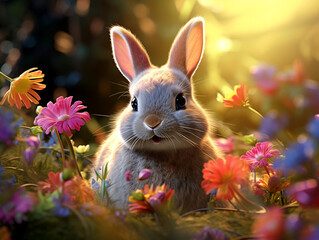 A sweet little rabbit, in a field of flowers