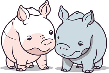 Cute hippo and rhinoceros cartoon vector illustration.