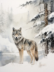 A Minimal Watercolor of a Coyote in a Winter Setting