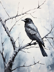 A Minimal Watercolor of a Crow in a Winter Setting