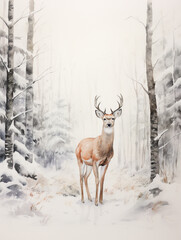 A Minimal Watercolor of a Deer in a Winter Setting