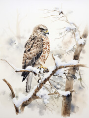 A Minimal Watercolor of a Hawk in a Winter Setting