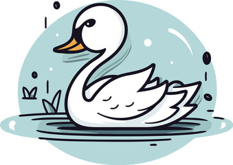 Vector illustration of a white swan swimming in a pond with water drops.