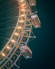 Wiener Riesenrad (Viennese Giant Ferris Wheel) at night at the Prater amusement park in Vienna, Austria