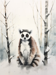 A Minimal Watercolor of a Lemur in a Winter Setting