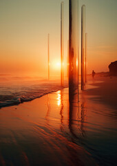 Leading lines, Double-exposure pinhole photography of Ocean Beach. AI generative