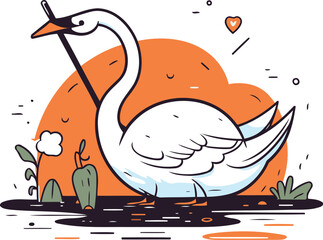 Swan in the park. Hand drawn vector illustration in cartoon style.