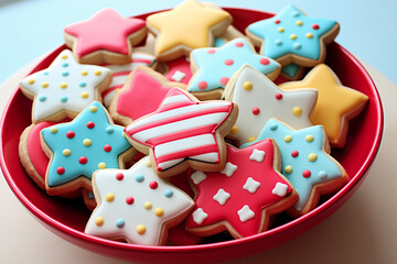Colorful Christmas cookies with glazing on a plate in the shape of stars - 673498674