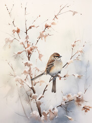 A Minimal Watercolor of a Sparrow in a Winter Setting