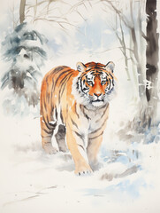Obraz premium A Minimal Watercolor of a Tiger in a Winter Setting