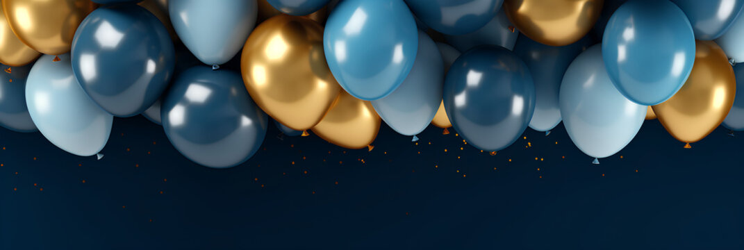 Gold and blue flying helium gold balloons  on a blue background presentation template