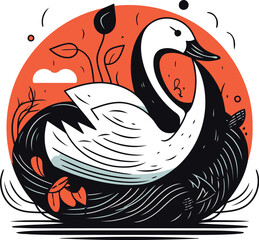 Swan in the nest. Vector illustration in doodle style.