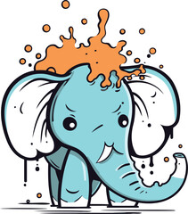 Cute cartoon elephant with splashes and drops of water. Vector illustration.
