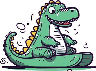 Cute cartoon crocodile sitting on a surfboard. Vector illustration.