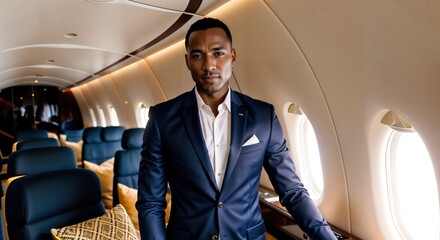 African businessman stay inside a private jet - obrazy, fototapety, plakaty