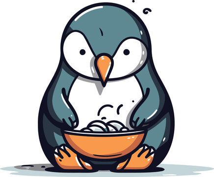 recommend clip art: Cute penguin eating a bowl of cereal. Vector illustration.